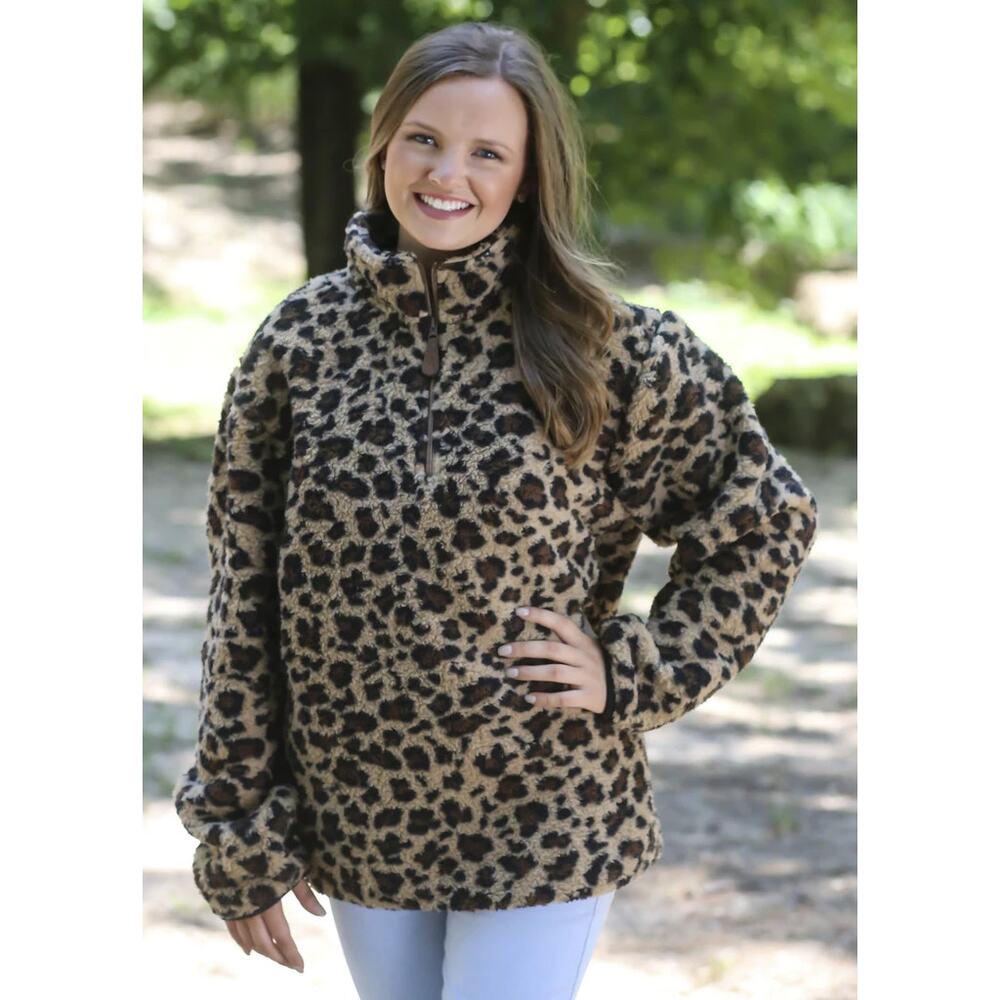 Girlie Girl Brown Leopard Fleece Sherpa Quarter Zip Sweatshirt Women's Size XS